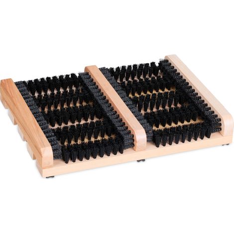 Relaxdays Grille gratte-pieds en bois, antidérapant, brosses en plastique, pour intérieur et extérieur, nature et noir (1/5)