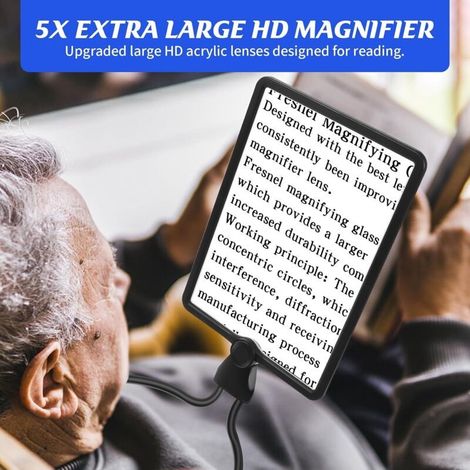 5X Grande Loupe de Lecture avec Lumière, Rechargeable Lampe Loupe Mains Libres avec Col de Cygne Flexible, 24x17cm Lentille Ultra Claire, Parfaite pour la Lecture, Réparations, Couture