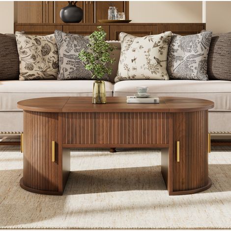 Couchtisch 100x50x40.5 cm Nussbaum MDF höhenverstellbar mit Schiebetüren und offenem Stauraum (1/5)