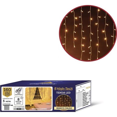 HIGH-TECH NATALE TENDA LUMINOSA 160 LED BIANCO CALDO MT 2X2 - 8 GIOCHI DI LUCE CAVO TRASPARENTE DA 5 MT 8 STRINGHE (1/5)