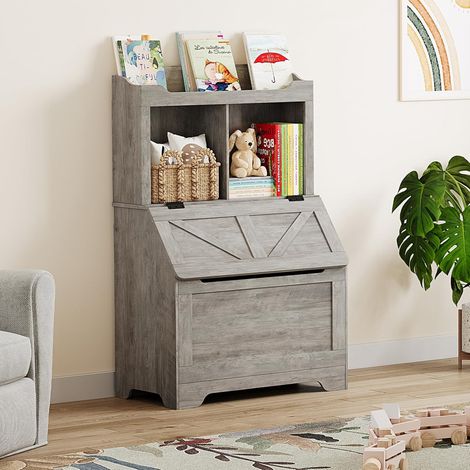 Armoire rangement enfant 2 étages gris, couvercle rabattable, casiers, rangement jouets et livres (1/5)