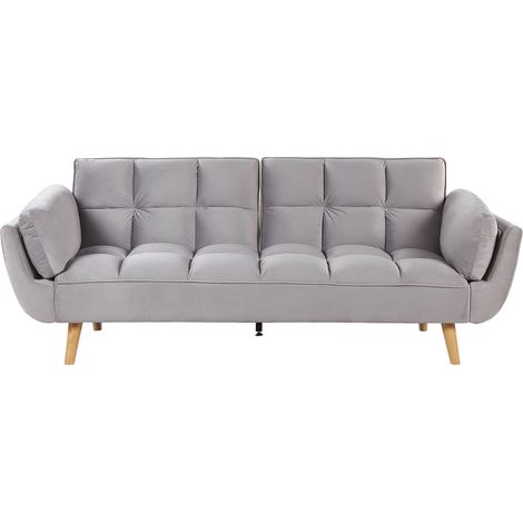 Sofá cama tapizado en tela de terciopelo gris 3 plazas patas de madera relleno de espuma espalda dividida relleno de galleta Asby (1/5)