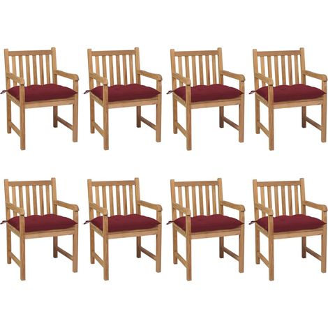 Chaises de jardin lot de 8 avec coussins bordeaux Teck solide (1/5)