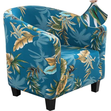 Housse de Fauteuil Cabriolet 1 Place,Housse de Fauteuil Crapaud Extensible Chesterfield,Housse Fauteuil Salon Club il Lavable,Couverture de Fauteuil Facile à Installer e à Laver,Feuilles Bleues (1/5)
