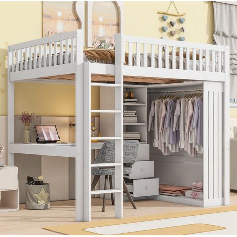 Lit mezzanine 140x200 avec bureau, rangement, blanc OKMYHOME (1/5)