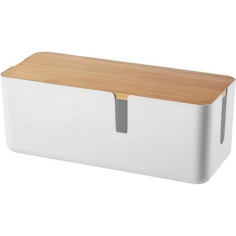 Boîte de rangement câbles blanche couvercle bambou Boîte de rangement multiprises Gestion câbles bureau Organisateur (1/5)