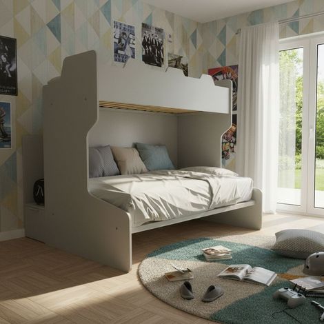 Letto a castello salvaspazio con scala contenitore - 1 Piazza e mezza + singolo - Ecru cappuccino