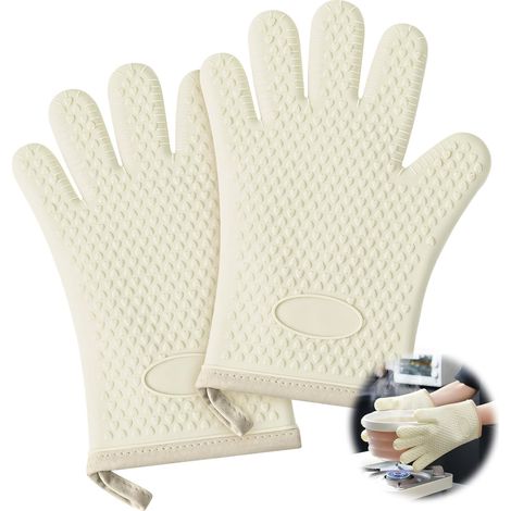 paire de gants de cuisine en silicone blanc - cinq doigts antidérapants - résistants à l'eau et flexibles - avec boucles de suspension pour la cuisson au four, la préparation de plats cuisinés et les (1/4)