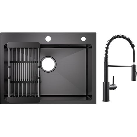 Cecipa Évier 1 Bac 60×45cm avec Panier de Drainage Évier Cuisine Noir + Mitigeur de Cuisine à Ressort avec Douchette Extractible, Robinet Evier 2 Modes de Sortie D'eau, Noir (1/5)