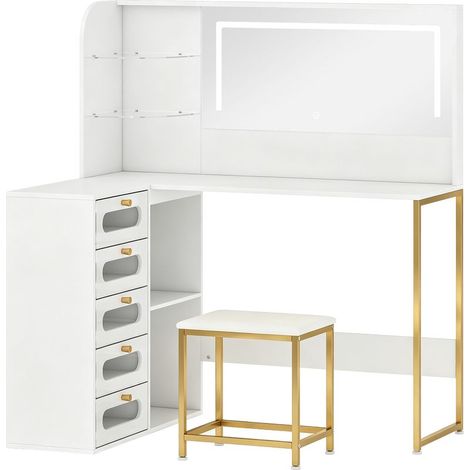 Coiffeuse avec miroir LED réglable et tabouret, blanche (1/5)