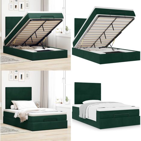 Cadre de lit ottoman avec matelas vert foncé 120x190 cm velours - Matelas à ressorts ensachés - Rangement sous le lit (1/5)