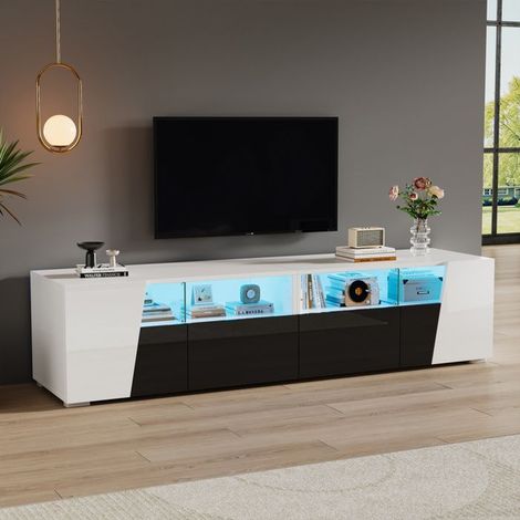 Mueble de TV - NEXU - 2 cajones, 2 puertas, 2 compartimentos abiertos, iluminación LED - MDF - 180x38x45cm - blanco y negro (1/5)
