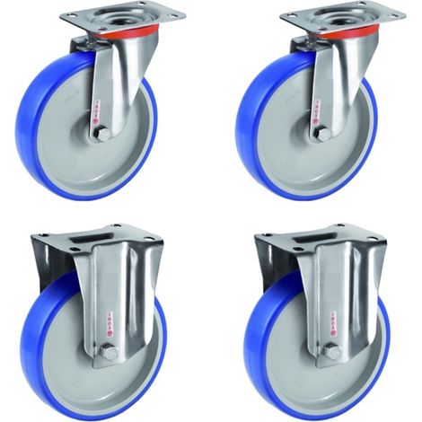 Lot de 4 roulettes INOX pivotantes et fixes polyuréthane BLEU-SOFT® 80 mm - 225 Kg (1/3)