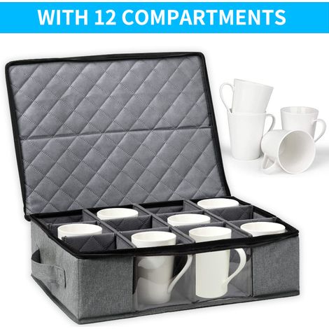 Kaffeetassenhalter mit Trennwand, Aufbewahrungsbox mit Deckel und Griff, stapelbar, für 12 Kaffeetassen, Becher und Tassen, grau (1/5)