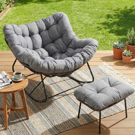 Rattan-Schaukelstuhl mit Fußhocker, dicker, abnehmbarer Polsterung, Belastbarkeit 150 kg, für Garten, Balkon, Wohnzimmer, Grau (1/5)