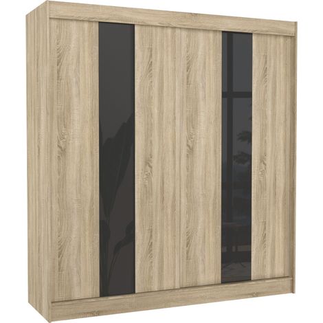 Les Tendances – Armoire chambre 2 portes coulissantes bois clair mat et noir laqué – Largeur 120 cm – Aménagement intérieur penderie et étagères réglables (1/5)