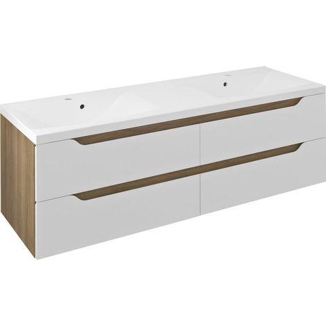 WAVE Meuble sous-vasque double 149,7x50x47,8cm, blanc/chêne cuneo (1/4)