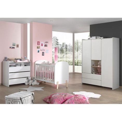 Pack - Lit Bébé 60x120cm, Commode, Plan à Langer & Armoire "Kiddy" Blanc (1/5)