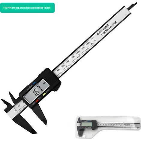 Calibrador digital de plástico negro  Rango de 0 a 150 mm  Medición interior/exterior  Con estuche transparente  Herramienta de medición compacta (1/5)