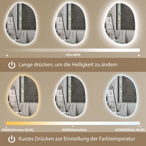 Miroir salle de bains asymétrique 70x50 cm lumineux LED, interrupteur tactile intelligent, fonction anti-buée, cadre argenté (1/4)