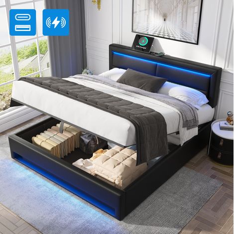 Polsterbett 160 x 200 cm mit Bettkasten, USB, LED, PU Schwarz HAVRYA (1/5)