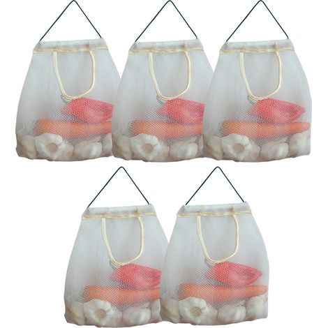 Sac En Maille Réutilisable - Pour Fruits Et Légumes - Avec Corde De Suspension - Lavable Et Pliable - Lot De 5 (1/5)