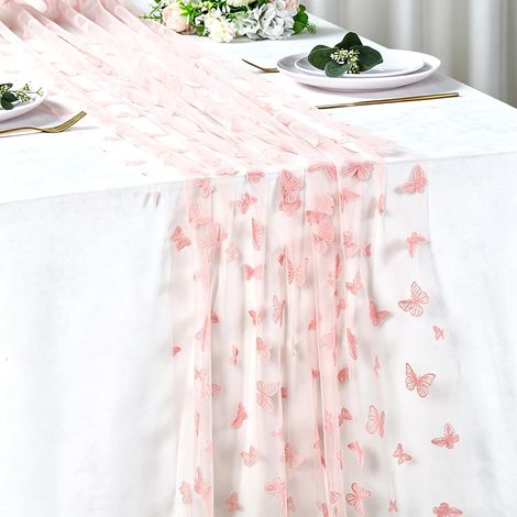 Rosa Tischläufer 75 x 180 cm, 3D-Tüll-Schmetterlings-Tischläufer, geeignet für Tischdekoration zu Anlässen wie Feiertagen, Geburtstagen, Hochzeiten, Babypartys, Taufen, Mutterschaftspartys usw. (1/5)