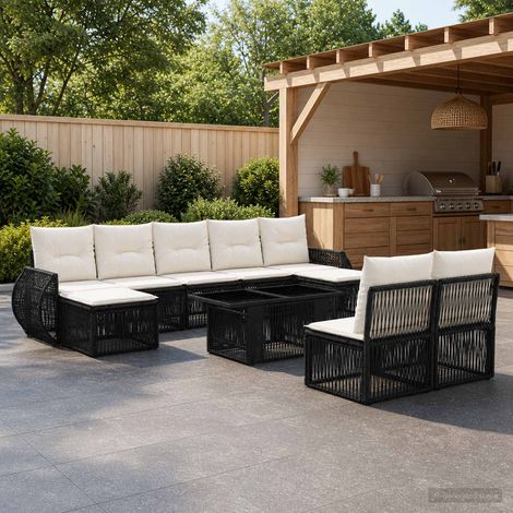 vidaXL Set Divano da Giardino 10 pz Nero e Bianco Crema polyrattan (1/5)