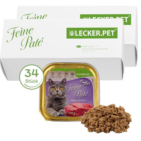 "translations":["text":"34 x 100 g Lecker.Pet® Emily's Feine Paté, riche en bœuf, nourriture humide pour chats, alimentation complète","detectedsourcelanguage":"DE","taghandlingversion":"v1 (1/5)