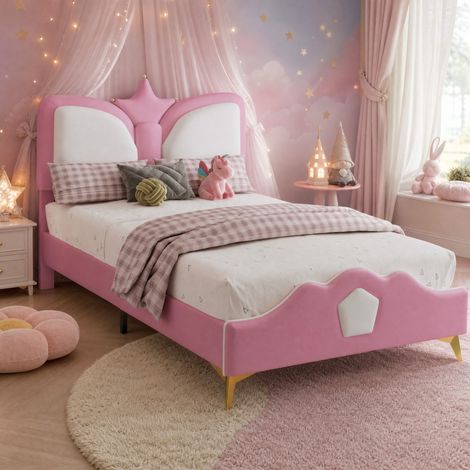 Letto per bambini 90x200cm, protezioni laterali e mousse antiurto, Carino testiera a corona, rivestimento PU rosa(Senza materasso) (1/5)