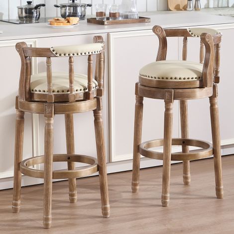 Tabouret de bar pivotant haute 29,5" pieds en bois, en cuir, blanc (1/5)