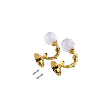 Lot de 2 embrasses de rideaux en cristal transparent, à fixer au mur, avec pompons et crochets. Porte-vêtements, manteaux, chapeaux et serviettes, couleur or. (1/4)