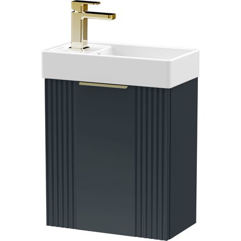 Dark Grey 400mm Wall Hung Cloakroom Vanity Basin Unit with Brushed Brass Handle Compact Bathroom Storage (1/4)