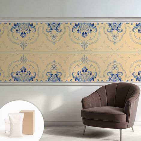 Tapete Vliestapete mit Kleber- abwaschbar - Raumgestaltung  Schlafzimmer Wohnzimmer Tapete Blaue Ornamente 250x104 cm (1/5)