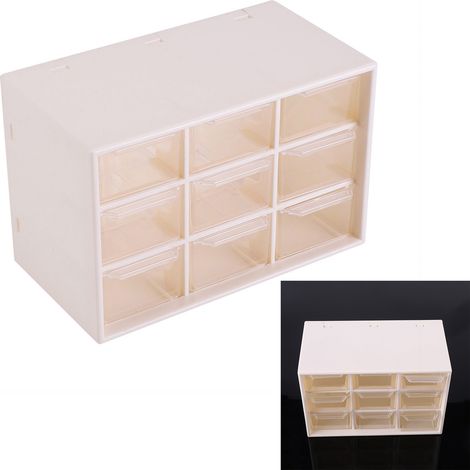 Tragbare Mini-Schubladenbox aus Kunststoff mit 9 Fächern zur Aufbewahrung von Schmuck und Kosmetik, weiß (1/5)
