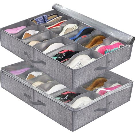 Lot de 2 boîtes à chaussures Transparente - Pour 24 paires - Boîte à chaussures Queen Size - sous le lit et pliable (1/5)