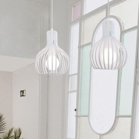 Lámpara Colgante 2 Piezas, Vintage Lámpara de Techo con Ø20cm Jaula de Metal Interior, Industrial Estilo Iluminación Decorativo E27 Art para Cocina Sala Comedor Dormitorio (Blanco)