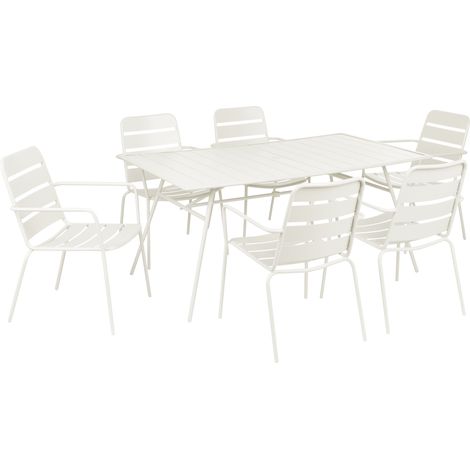 Conjunto de comedor exterior 6 plazas mesa de hierro tablero con orificio sillas acabado con recubrimiento en polvo beige claro Terenzo