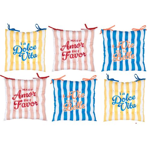 Lot de 6 galettes de Chaises Déperlantes Extérieur/Intérieur motifs estivaux 40x40cm - 2 Attaches Nouettes - Dolce Vita - Livraison gratuite (1/5)
