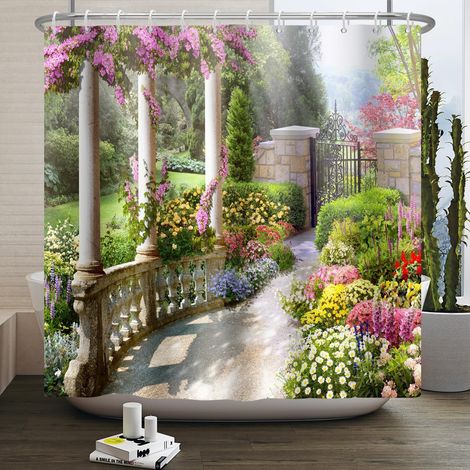 180x180cm Rideau de Douche 3D Paysage de Jardin Rétro Bâtiment, Pilier Floral Salle de Bains Durable et Lavable Avec Crochet (1/5)