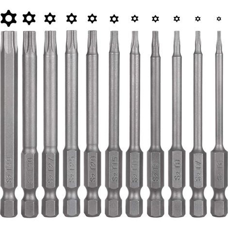 Lot de 11 embouts de tournevis Torx - 75 mm - En acier S2 - Magnétique - 6 pans - T6 T7 T8 T9 T10 T15 T20 T25 T27 T30 T40 - Embouts Torx électriques pour vis profilées en T (1/5)