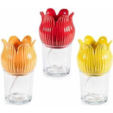Pots auto-arrosants en forme de tulipe colorée en céramique et verre, lot de 6, diam. 9 cm x H. 15,5 cm