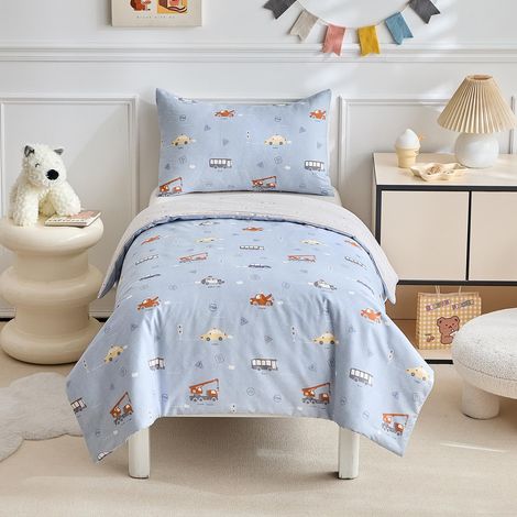 Parure de lit pour tout-petit en coton, ensemble de housse de couette et de taie d'oreiller bleue pour voiture, pour lit de bébé, ensemble de literie réversible pour tout-petit de type junior (1/5)