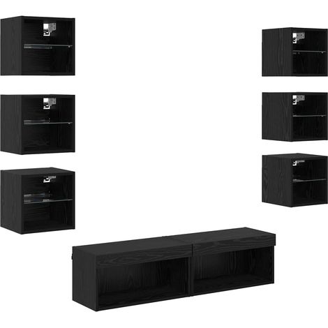 Mueble de TV con tira de luces LED 8 pcs Roble Negro Cristal vidaXL