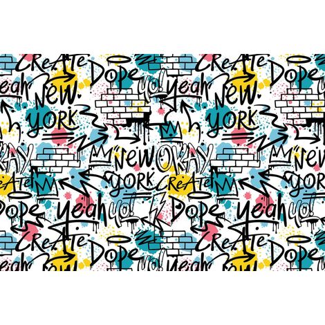 Papier peint Graffiti Light 3,75 m x 2,50 m Papier peint Graffiti en noir et blanc, bleu, jaune colle comprise DD129599 (1/3)