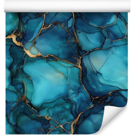 Papier peint encre turquoise et bleu marine, formes douces 50x1000 cm (1/5)