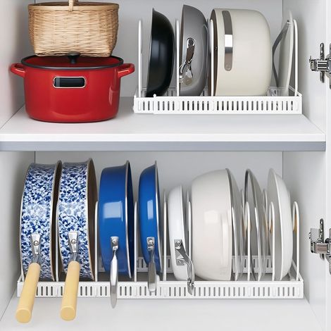 Rangement Couvercle avec 10 Compartiments Réglables, Porte Range Poele Placard Extensible, Organisateur Casserole Vaisselle Tiroir Cuisine pour Poêles, Casseroles, Couvercles, Assiettes (Blanc) (1/5)