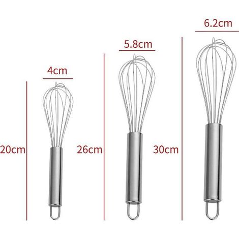 Fouets de cuisine, ensemble de 3 fouets en silicone avec manches en acier inoxydable pour mélanger la crème aux œufs, fouets ballons avec cuillère doseuse et pinceau à pâtisserie (1/4)
