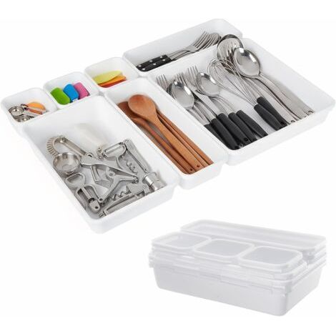 Lot de 8 Organiseurs Tiroirs, 3 Tailles Rangement Tiroir Plastique (2 Grands, Moyens, Petits), Séparateurs Tiroirs Empilables pour Maquillage, Cuisine, Bureau, Salle Bain (Blanc) -
