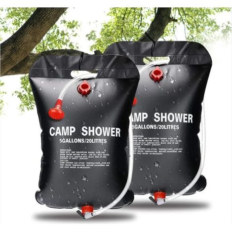 Sac de Douche Solaire, 2 PCS 20L Douche Solaire de Camping Solaire Sac de Douche Portatif Extérieur pour Douche avec Flexible Commutable Tête de Douche Chauffe Eau Solaire pour Randonnée Voyage